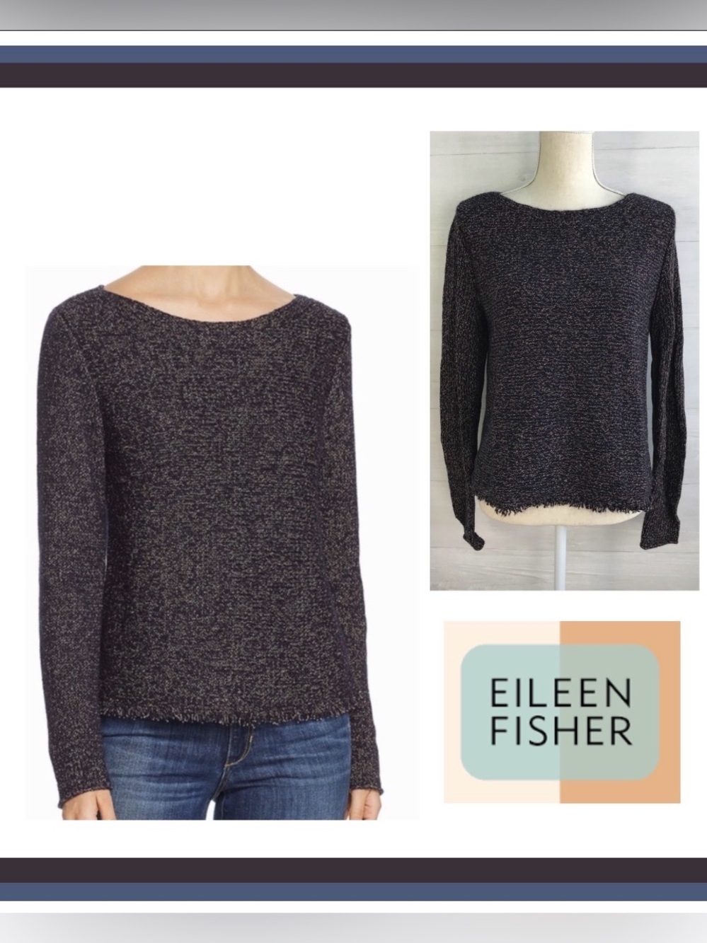 Eileen Fisher Navy Brown Heather Marled Bateau Sweater Size S